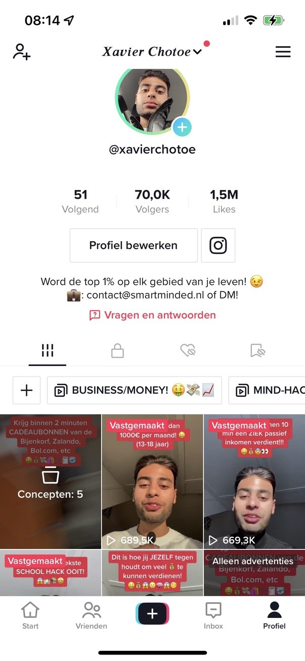 TikTok-profiel @xavierchotoe: 70.000 volgers en 1,5 miljoen likes